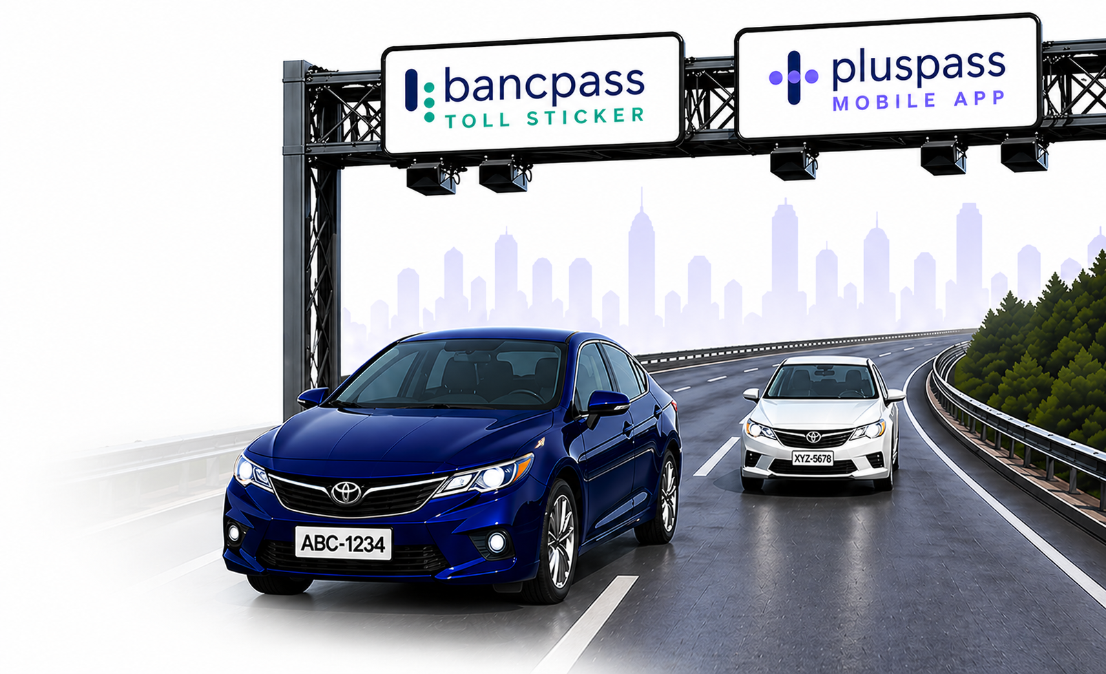 Highway toll gantry with cars and BancPass / PlusPass signs